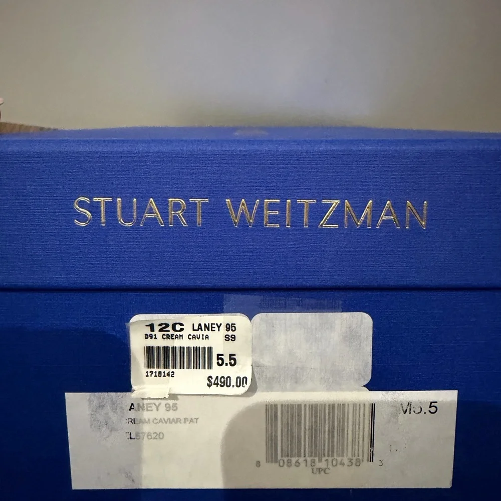 Stuart Weitzman Cream Pointed Toe Block Heel Pumps - Textured Leather - Picture 3 of 7